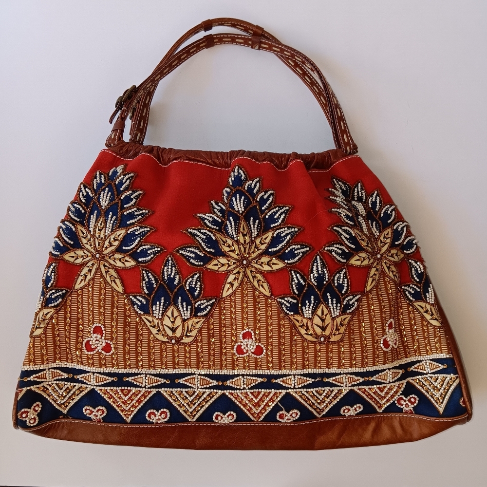 Isabella Fiore Vintage Red and Brown Floral Embroidered Beaded Handbag Boho